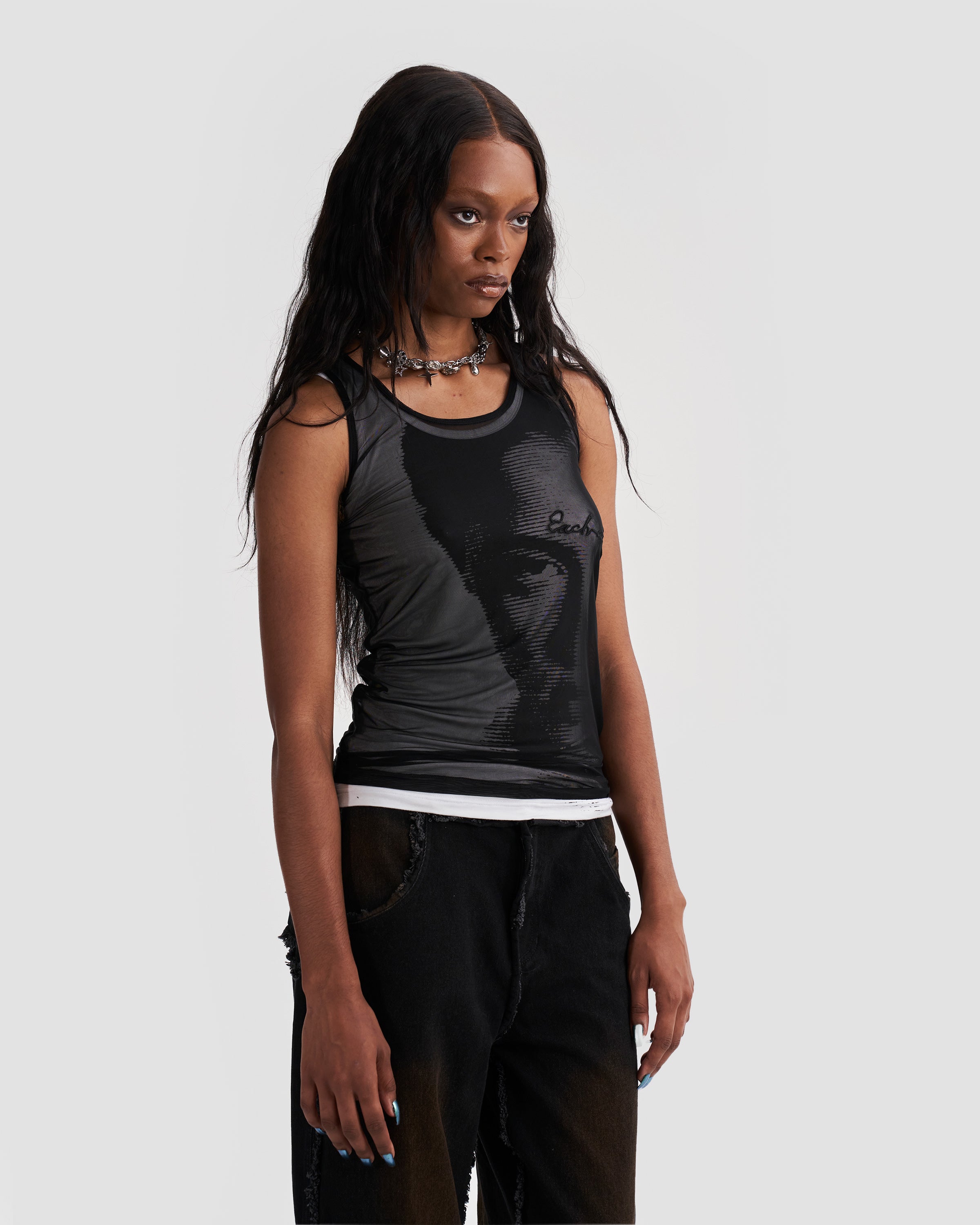 Double Layer Mesh Tank Top with Print & Embroidery in Black